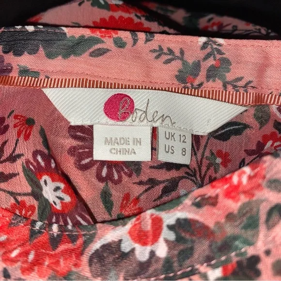 Boden pink & red paisley floral button front sheer ruffle front blouse size 8 - Picture 7 of 7